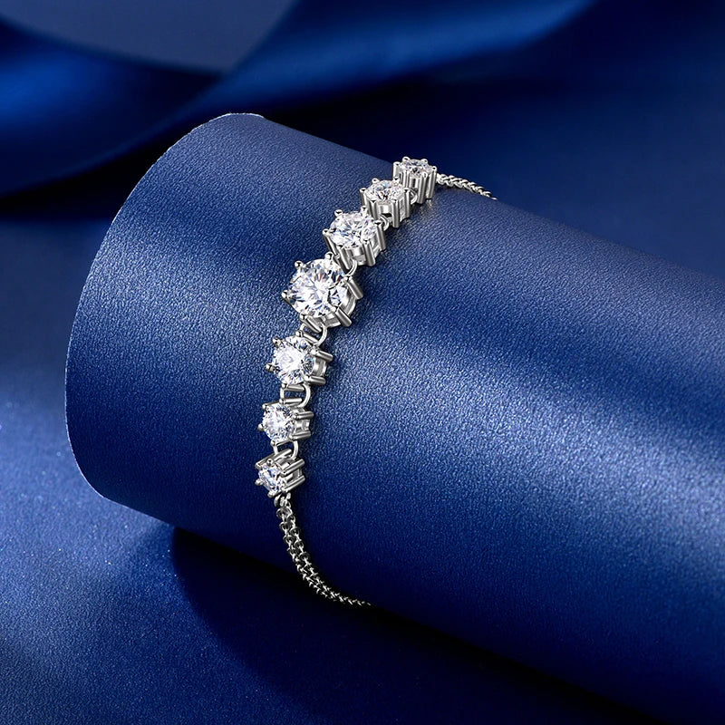 925 Sterling Silver Charm Six Claw 7-Stone Bracelet 6.5mm&5mm&4mm&3.5mm All D Moissanite Diamond Chain Bracelet for Women