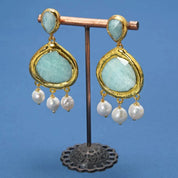Natural Gemstone Green Amazonite and Keshi Pearl Dangle Earrings