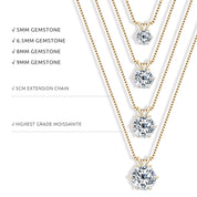 14K Gold Plated VVS Moissanite Pendant Necklace with Gra Certificate Six Claw Classic Six Sizes Available (5mm 6.5mm 8mm 9mm)