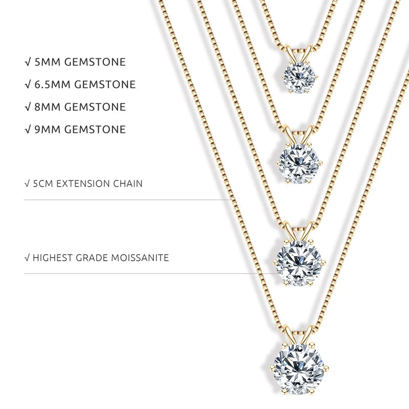 14K Gold Plated VVS Moissanite Pendant Necklace with Gra Certificate Six Claw Classic Six Sizes Available (5mm 6.5mm 8mm 9mm)