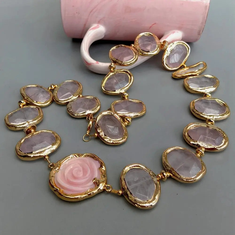 Natural Rose Quartz Biwa Pearl Necklace