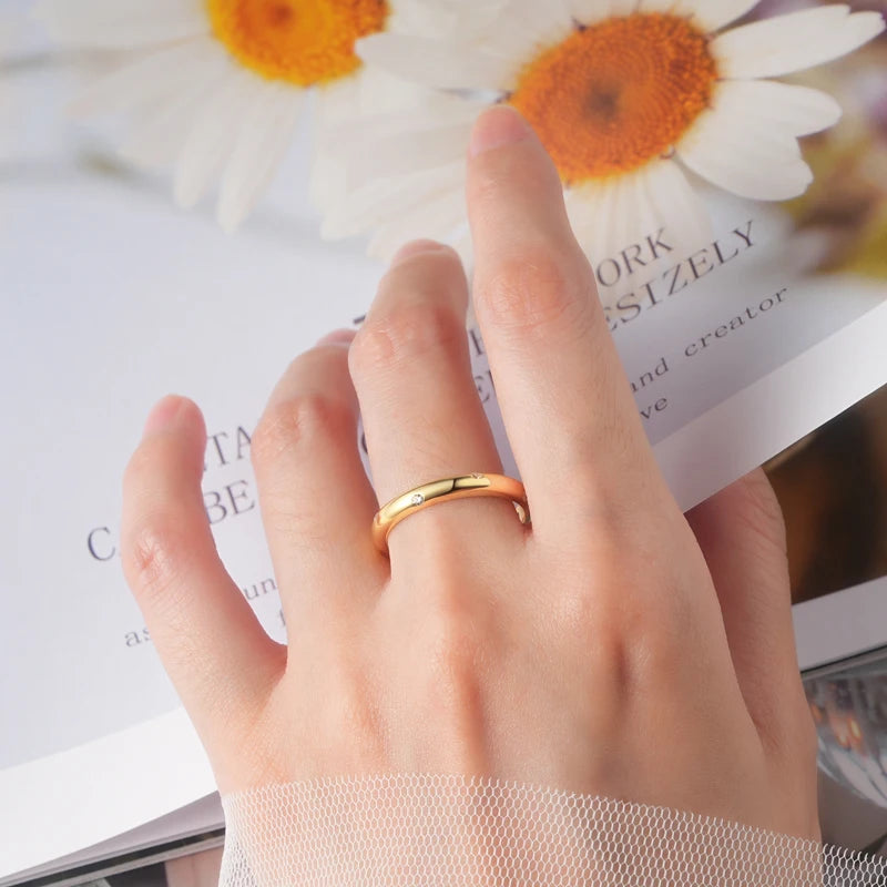 Delicate Daily Jewelry 14K Gold Plated 925 Sterling Silver All Moissanite Dome Burnish Setting Wedding Band Ring for Lovers