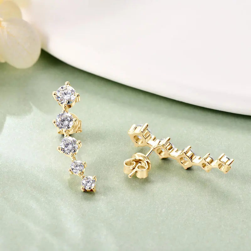925 Silver 4.5mm & 4mm & 3mm Round D Color VVS1 Moissanite Women Fashion Design Creeper Crawler Earrings with Certificate