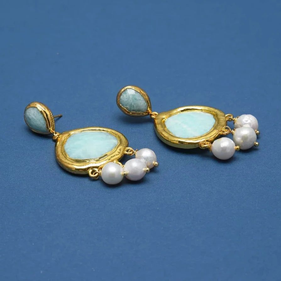 Natural Gemstone Green Amazonite and Keshi Pearl Dangle Earrings