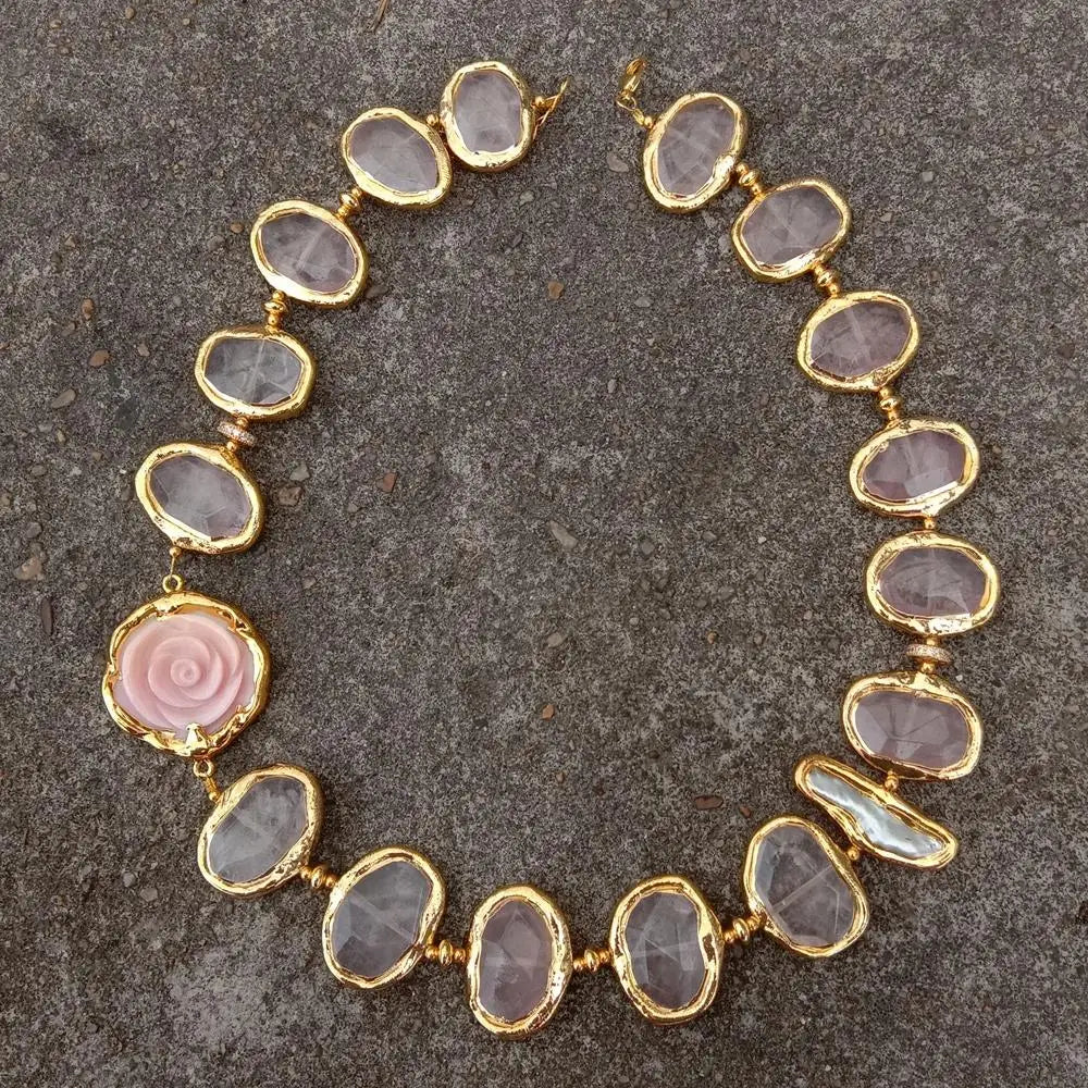 Natural Rose Quartz Biwa Pearl Necklace