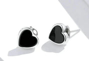 925 Sterling Silver Black Agate Heart Stud Earrings