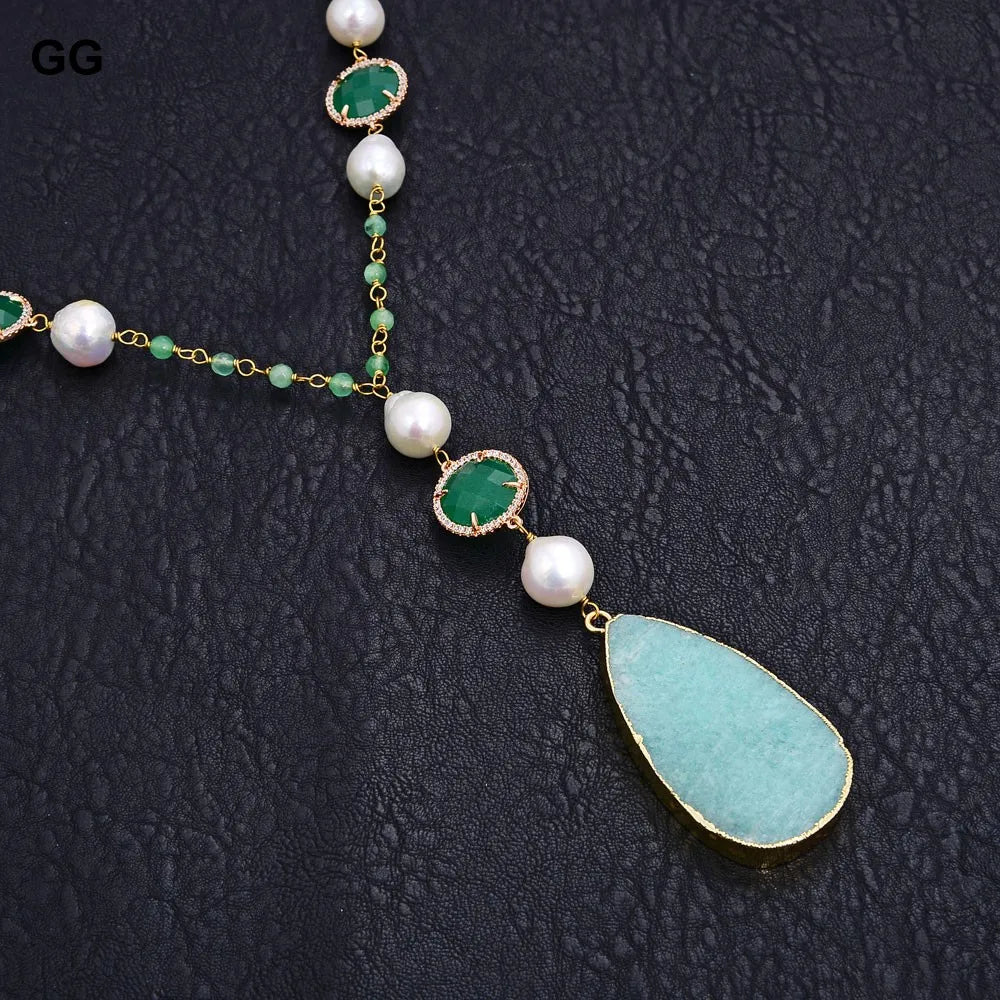 Natural Keshi Pearl & Jade Necklace With Amazonite Gemstone Pendant