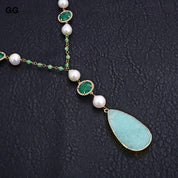 Natural Keshi Pearl & Jade Necklace With Amazonite Gemstone Pendant