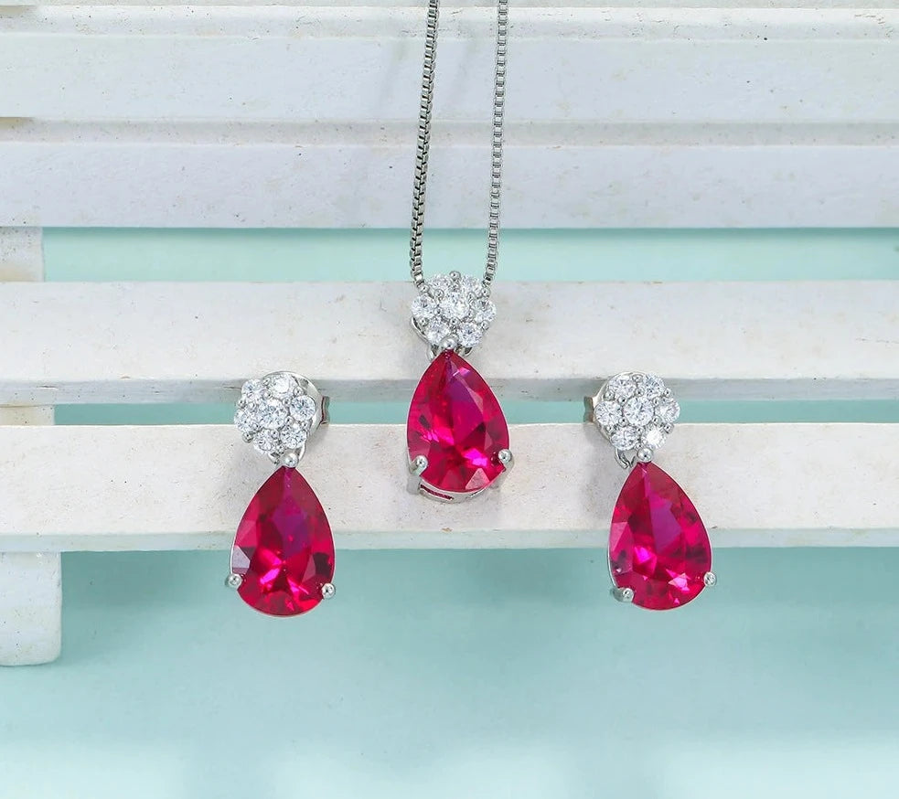 Water Drop CZ Ruby Pendant  Jewelry Set