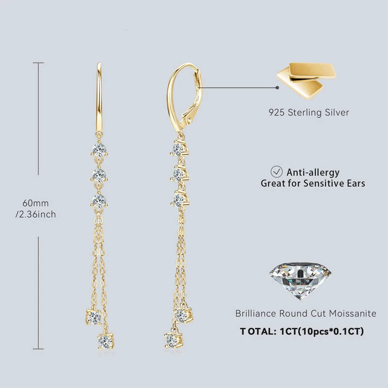 Women's Chain Earrings 925 Sterling Silver 1.00CTTW Round Moissanite Drop Earrings for Women