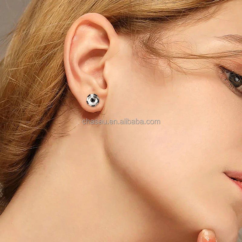 Lab Created VVS Moissanite Stud Earrings 3mm Moissanite 925 Sterling Silver Round Cut Black Soccer Stud Earrings for Men Women