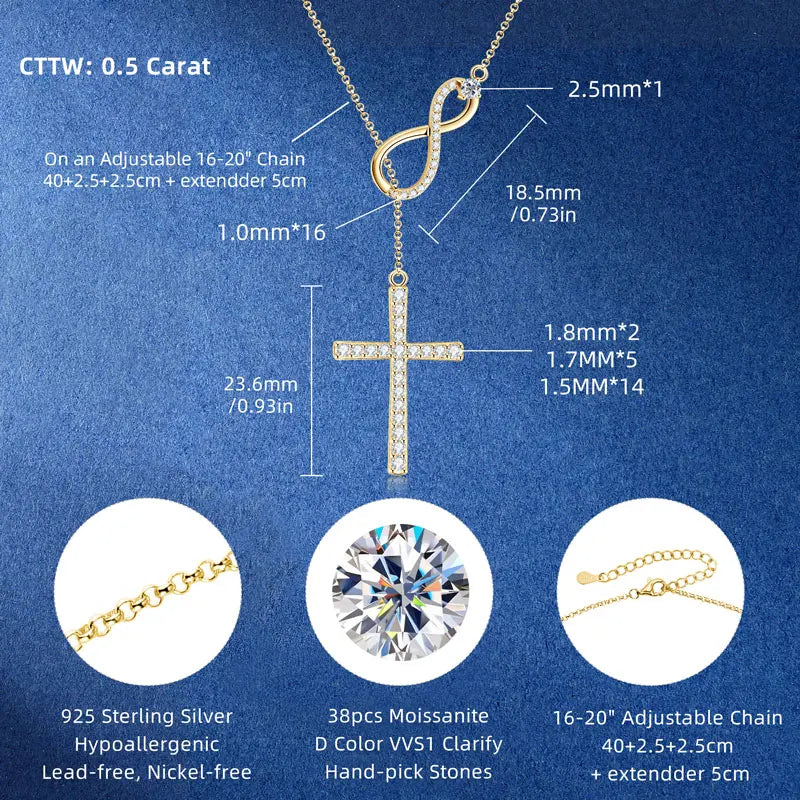 925 Silver Round Cut 2.5mm&1.8mm&1.7mm&1.5mm&1mm Moissanite Y Lariat Infinity Necklace Faith Hope Love Cross Pendant Necklace