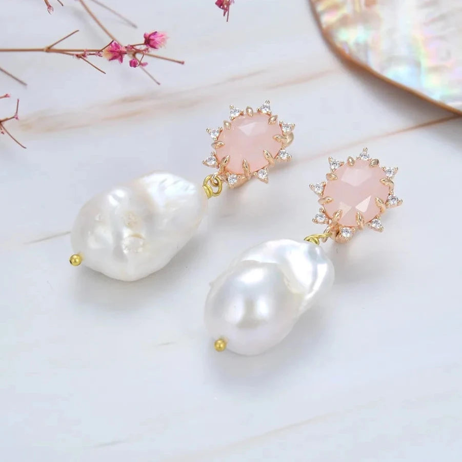 Natural  Keshi Pearl Rose Quartz Stud Earrings