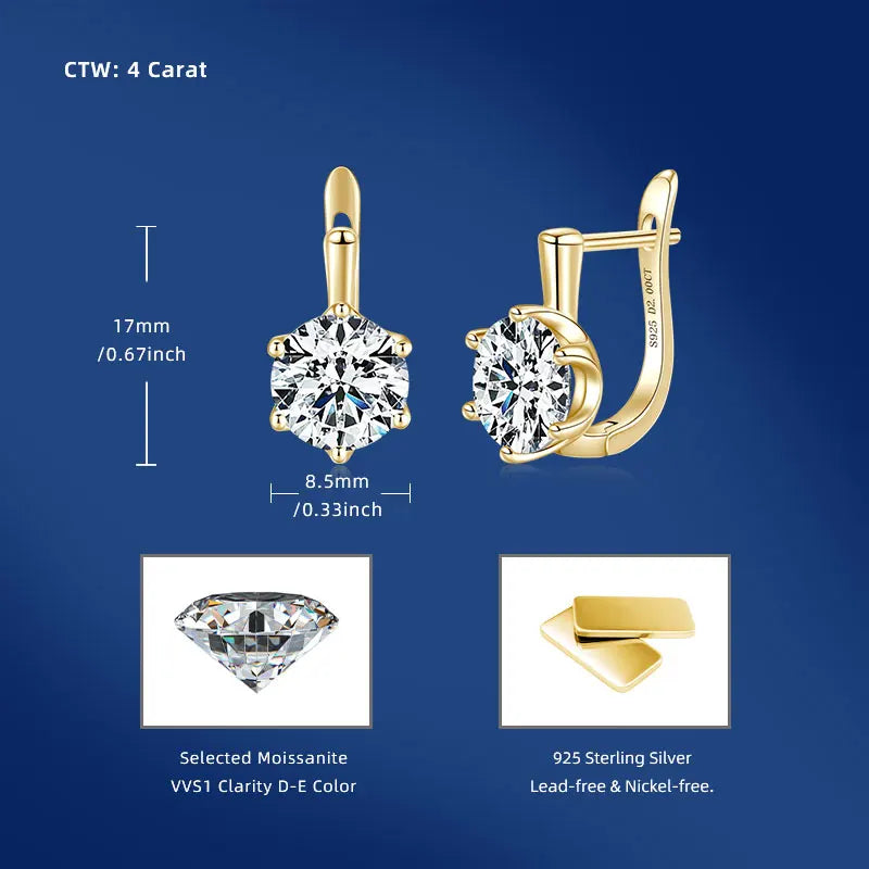 Fine Jewelry Stud Earrings 8mm 2.0ct Moissanite 925 Sterling Silver Six Claw Solitaire U Huggies VVS1 Moissanite Hoop Earrings