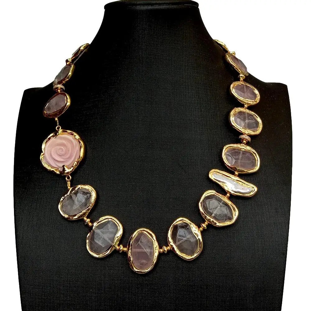 Natural Rose Quartz Biwa Pearl Necklace