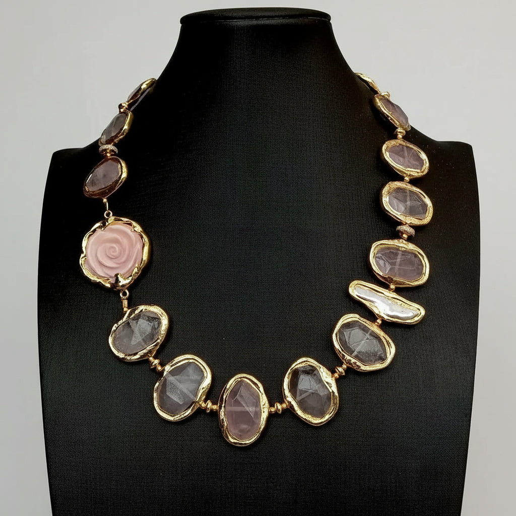 Rose Quartz & Biwa Pearl Flower Necklace