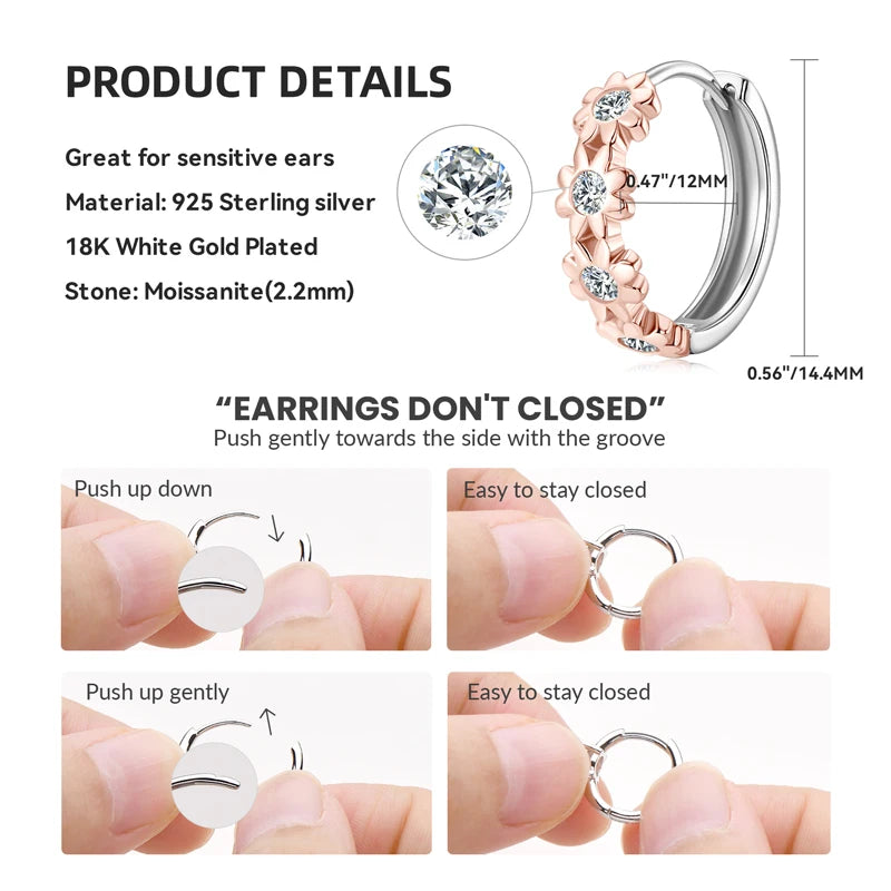 New Design 14K Yellow Gold Plated 925 Sterling Silver Circle Earrings Round Cut 2.2mm Moissanite Flower Hoop Earring