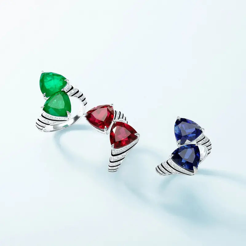 925 Silver Ring with Cultured Ruby, Sapphire, and Synthetic Emerald