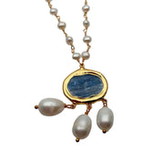 Natural White Pearl & Blue Kyanite Rosary Necklace
