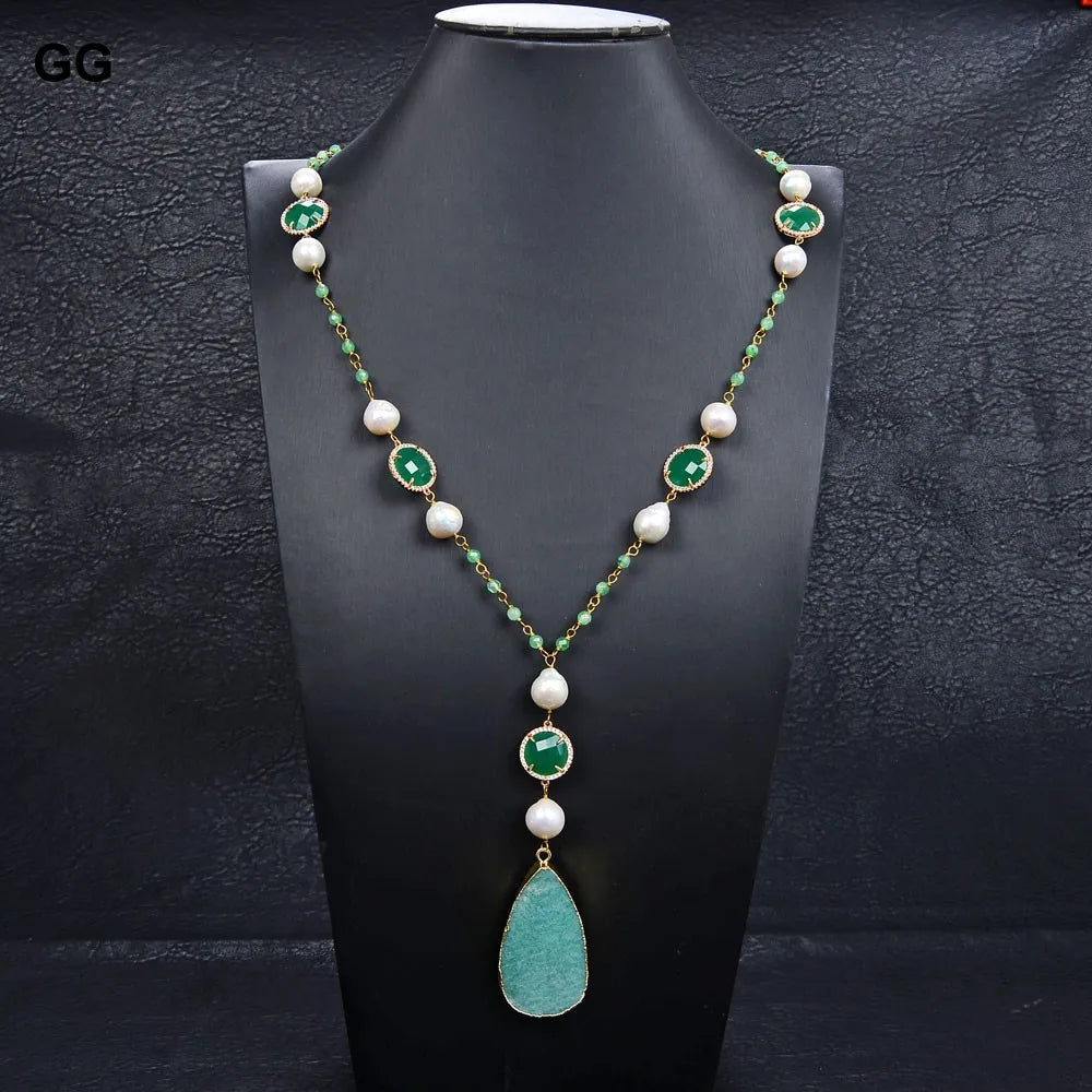 Natural Keshi Pearl & Jade Necklace With Amazonite Gemstone Pendant
