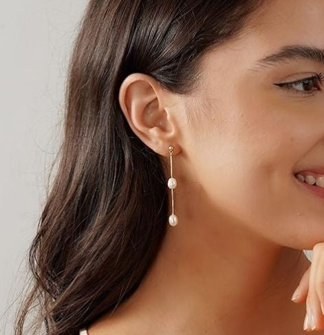 White Natural Rice Two Pearl Trendy Drop Earrings