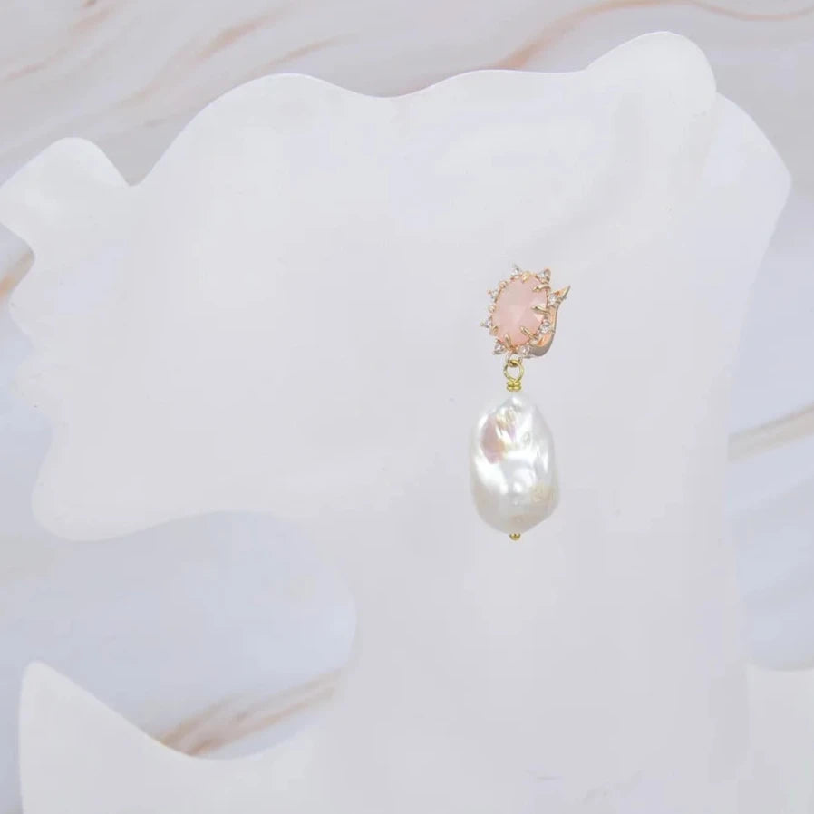 Natural  Keshi Pearl Rose Quartz Stud Earrings