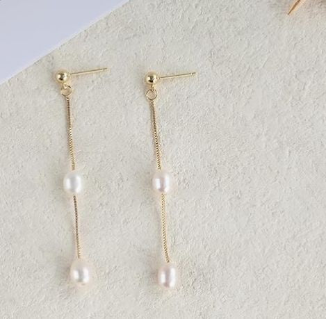 White Natural Rice Two Pearl Trendy Drop Earrings