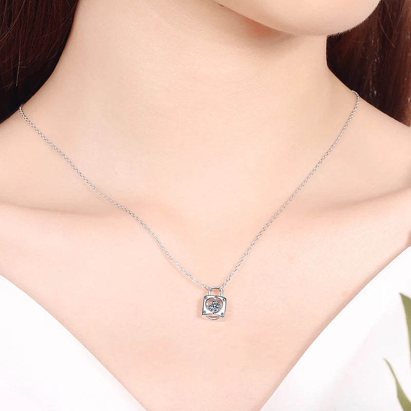 0.3CT D Color VVS1 Moissanite Diamond Lock Dancing Pendant 925 Sterling Silver Spiritual Pendant Necklace for Women