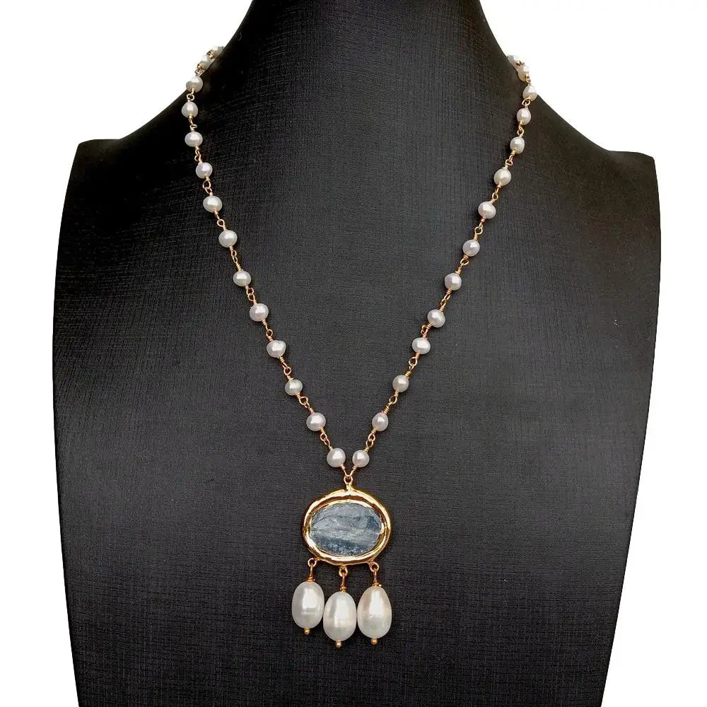 Natural White Pearl & Blue Kyanite Rosary Necklace