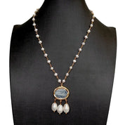 Natural White Pearl & Blue Kyanite Rosary Necklace