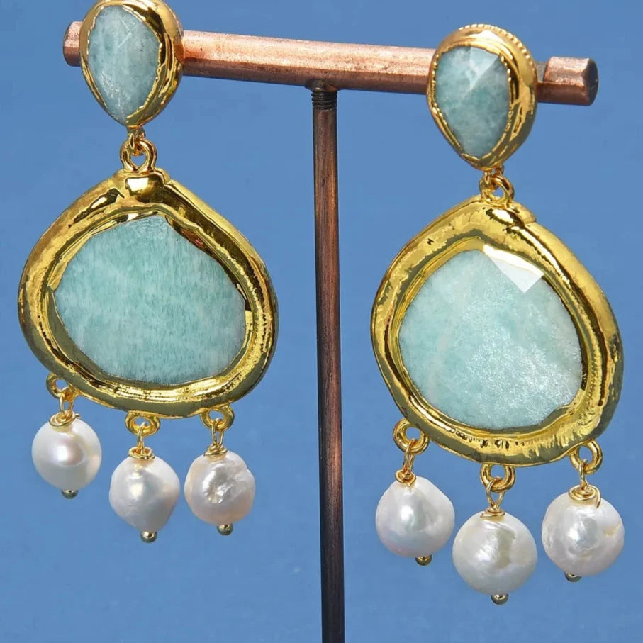 Natural Gemstone Green Amazonite and Keshi Pearl Dangle Earrings