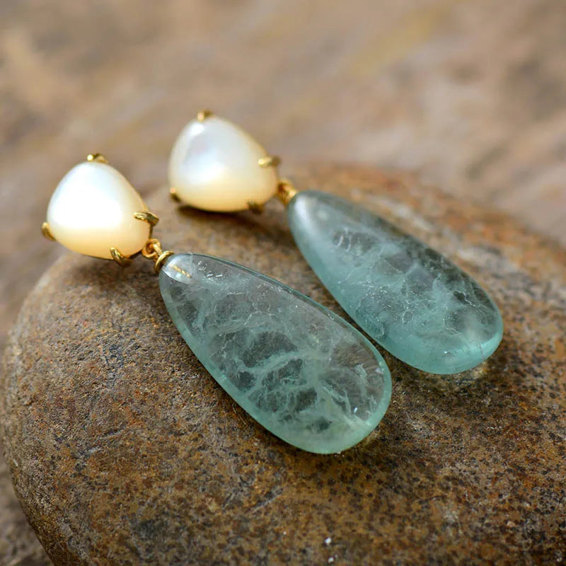 Natural Gemstone Green Fluorite Teardrop Shell Stud Earrings