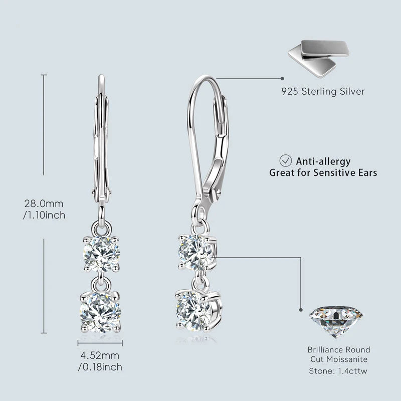 Fashion Sterling Silver 4.5mm 0.40ct 4mm 0.30ct Round Moissanite Leverback Earrings Women's Stud-Style Dangle Drop Earrings