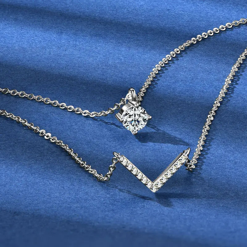 Elegant 925 Silver 5mm & 1.1mm Moissanite V Necklace for Women Double Layers Daily Wear Fashion Ladies Necklace