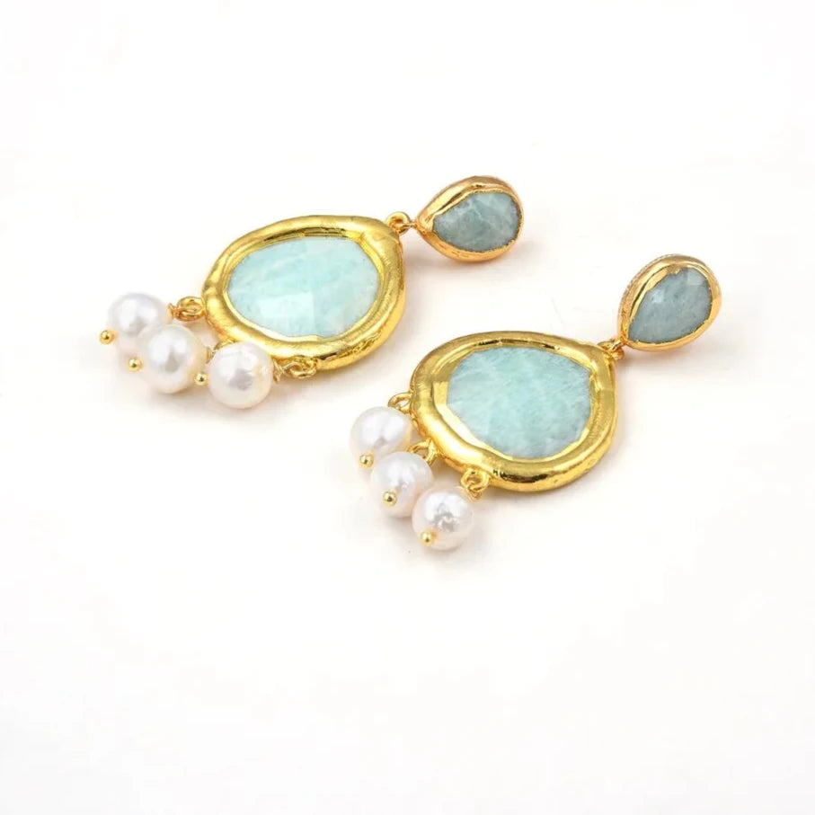 Natural Gemstone Green Amazonite and Keshi Pearl Dangle Earrings