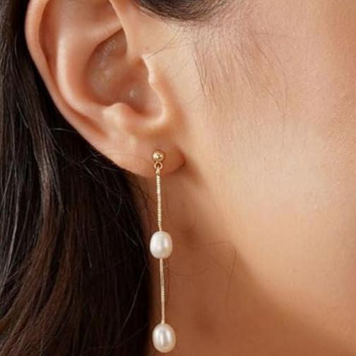 White Natural Rice Two Pearl Trendy Drop Earrings