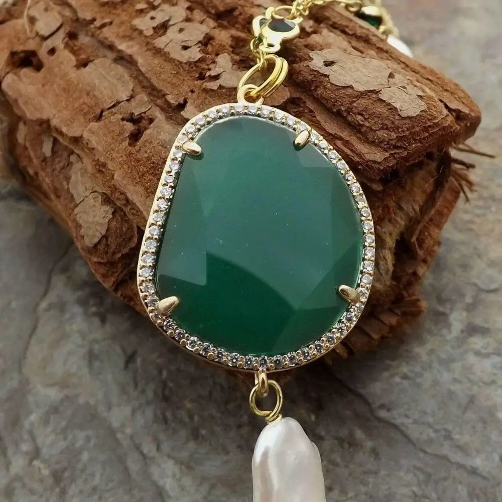 White freshwater Rice Pearl Green Crystal Chain Necklace Keshi Pearl Pendant