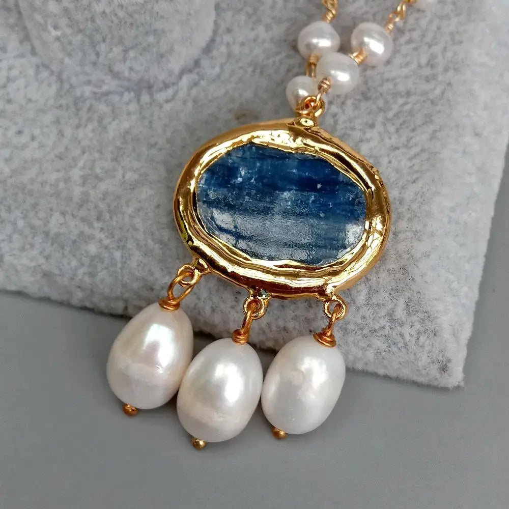 Natural White Pearl & Blue Kyanite Rosary Necklace