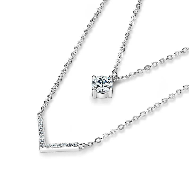 Elegant 925 Silver 5mm & 1.1mm Moissanite V Necklace for Women Double Layers Daily Wear Fashion Ladies Necklace