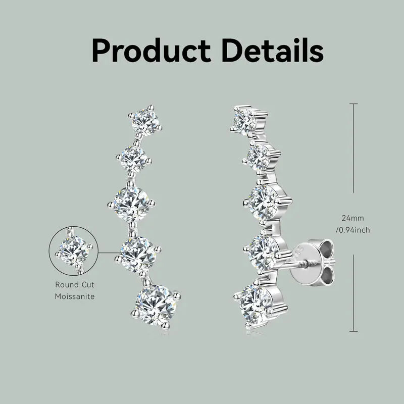 925 Silver 4.5mm & 4mm & 3mm Round D Color VVS1 Moissanite Women Fashion Design Creeper Crawler Earrings with Certificate