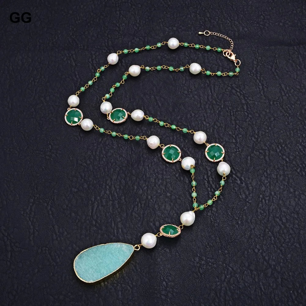Natural Keshi Pearl & Jade Necklace With Amazonite Gemstone Pendant
