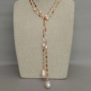 Natural  Keshi Pearl Baroque pearl pendant & CZ Pave Long Chain Necklace