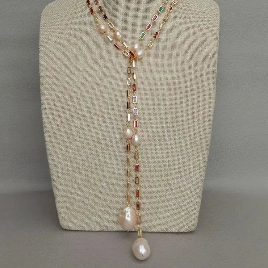 Natural  Keshi Pearl Baroque pearl pendant & CZ Pave Long Chain Necklace