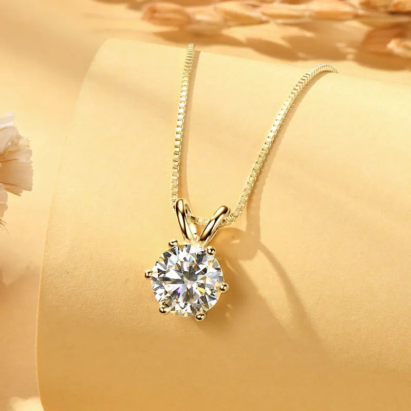 14K Gold Plated VVS Moissanite Pendant Necklace with Gra Certificate Six Claw Classic Six Sizes Available (5mm 6.5mm 8mm 9mm)