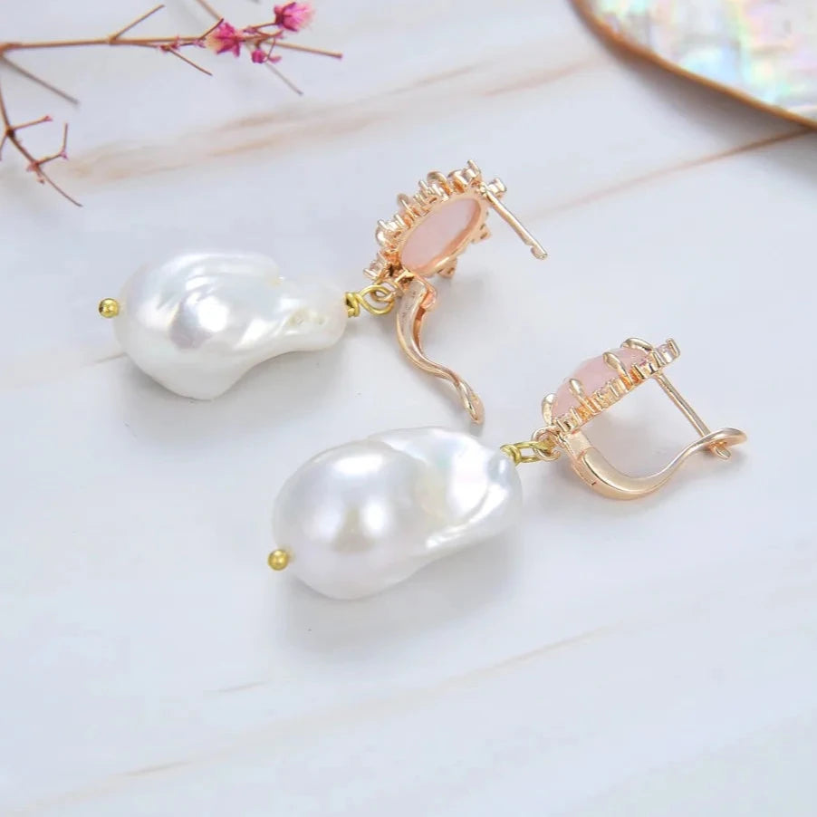 Natural  Keshi Pearl Rose Quartz Stud Earrings