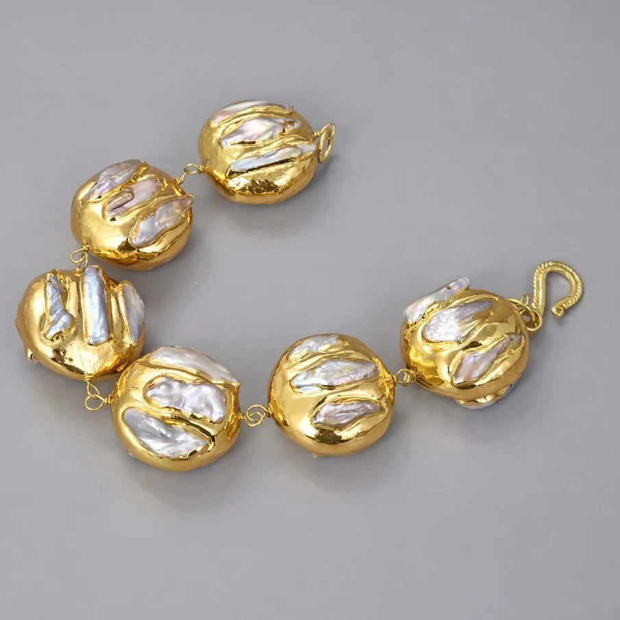 Natural White Keshi Biwa Pearl Gold Bracelet