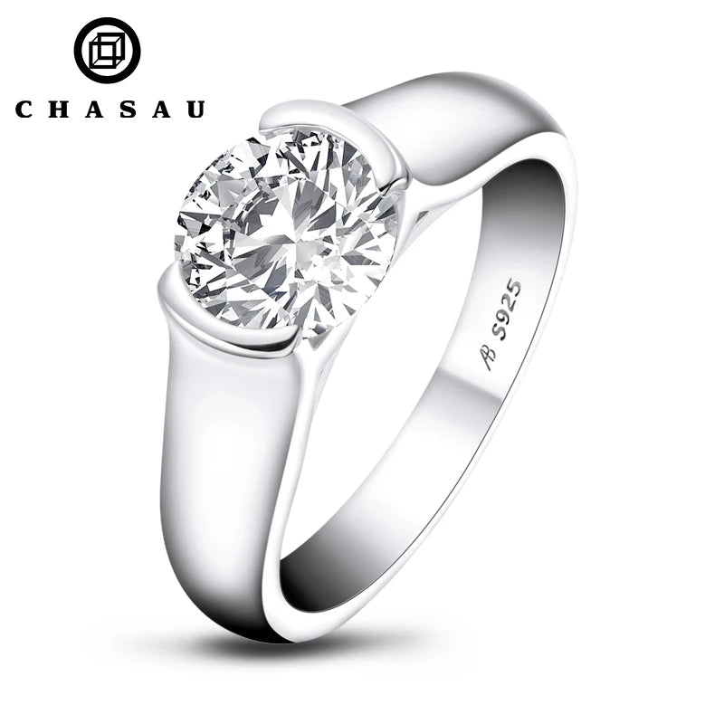 Chasau Fine Jewelry Women Men 2.0ct 2 Carat 8mm Center Stone Solitaire Moissanite 925 Sterling Silver Wedding Engagement Ring