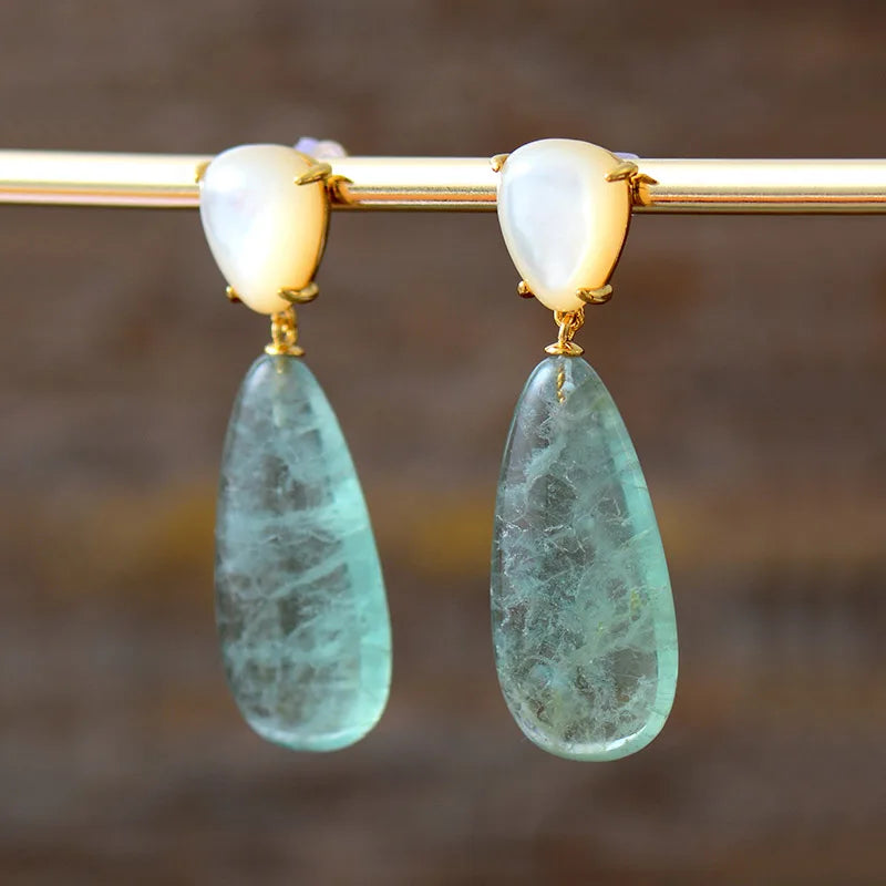Natural Gemstone Green Fluorite Teardrop Shell Stud Earrings