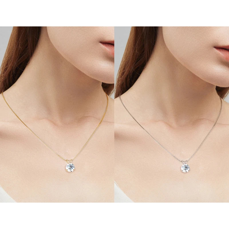Classic 925 Sterling Silver Plating 14K Gold 1ct 2ct 3ct Round Cut 3 Prong Setting Moissanite Pendant Necklace for Women