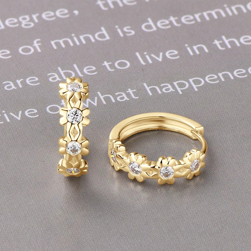 New Design 14K Yellow Gold Plated 925 Sterling Silver Circle Earrings Round Cut 2.2mm Moissanite Flower Hoop Earring
